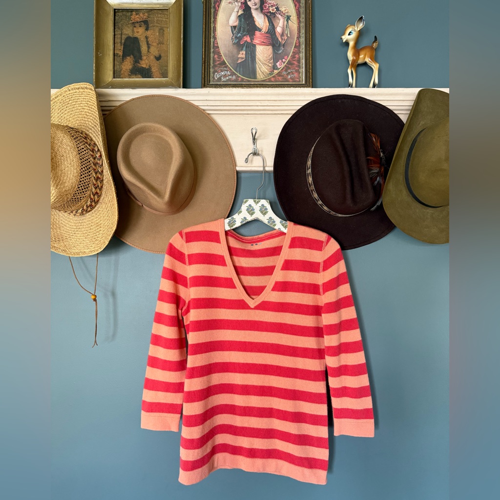 Vintage Nordstrom 100% Cashmere Striped V Neck Sweater 3/4 Sleeve Sz Large